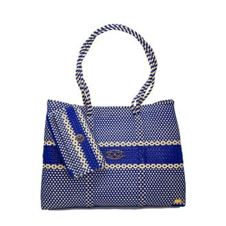 Lola's Bag Womens Travel Woven Striped Tote Bag With Clutch In Blue/beige