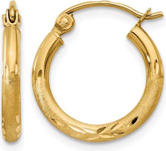 Diamond2Deal 14k Gold Satin and Diamond-cut 2mm Round Hoop Earring