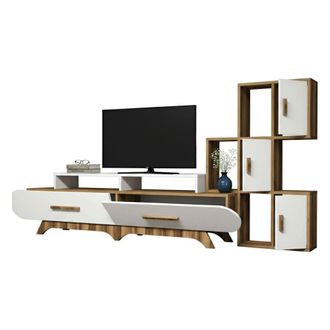 Dmora Dmora - Pared Equipada Zephyria, Composici&oacute;n De La Sala De Estar, Muebles De Sal&oacute;n Multiusos, Gabinete De Tv, 205x37h50 Cm, Nogal Y Blanco, Con Embala
