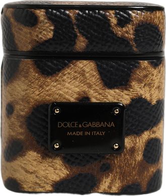 Dolce & Gabbana Brown Leopard Calf Leather Metal Logo Plaque Airpods Case Accessory