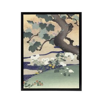 Artery8 Tree & Chrysanthemums Framed Canvas Wall Art Print Kogyo Tsukioka in Green | Size: W24 x H32
