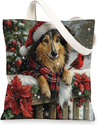 Generic Christmas Rough Collie Dog Canvas Tote Bag for Shopping 13x15, Xmas Farmhouse Cardinal Puppy Reusable Grocery Print Bag for Women Men, Holiday Pet Aes