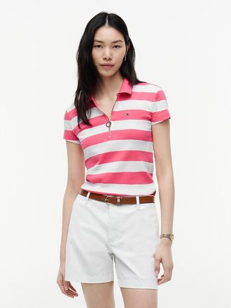 Tommy Hilfiger Womens Slim Fit Rugby Stripe Zip Polo - Pink - XXL