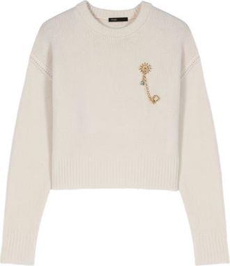 Maje Sweater with floral brooch in Ecru at Nordstrom, Size X-Small