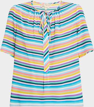 Maison Common Striped Short-Sleeve Tie-Front Silk Blouse