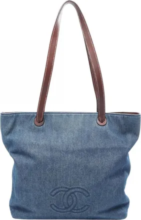 Chanel Brown Navy Denim Leather Handbag Tote Bag (Pre-Owned)