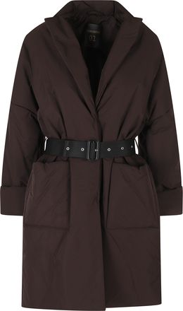 Semicouture Mocha Oversized Down Jacket with Lapel Neckline and Adjustable Belt