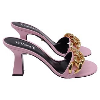 Versace Medusa Chain Slide Sandal Heels in Pink Leather