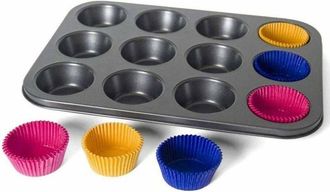 Trade Shop Trade Shop - Stampo Teglia Per 12 Muffin Cupcake In Acciaio Antiadere Con Pirottini Colorati