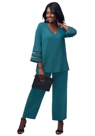 Jessica London Stretch Knit Mesh Inset Sleeve Tunic in Mystic Pine at Nordstrom, Size 32