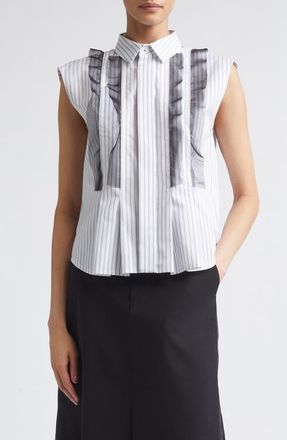 sacai Stripe Poplin & Chiffon Button-Up Shirt in Off White Stripe at Nordstrom, Size 2