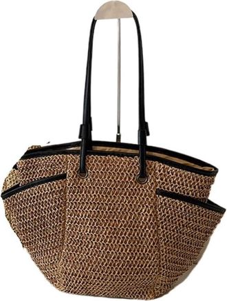 Generic OZWYCY Straw Bag Straw Bag 2024 New Ins Simple One-shoulder Paper Rope Woven Bag Leisure Vacation Beach Bag Straw Bags(Bruin)
