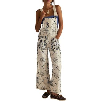 Free People Rising Sun Embroidered Wide Leg Overalls in Solar Ecru at Nordstrom, Size X-Large