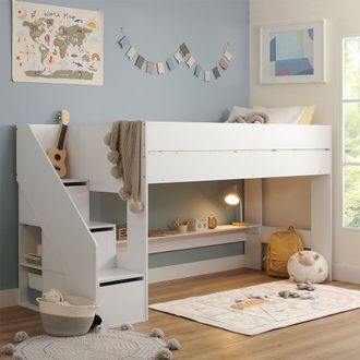 Flair Olivia Mid Sleeper Bed with Shelves & Storage Stairs in White | Size: Single