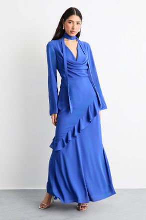 Warehouse Womens Long Sleeve Cowl Neck Ruffle Detail Maxi Dress - Blue - Size 12 UK