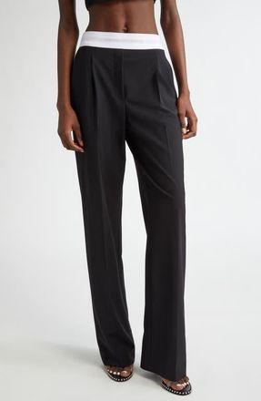 Alexander Wang Logo Elastic Waistband Pleated Stretch Wool Blend Pants in Black at Nordstrom, Size 0