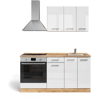 Vicco Cocina para solteros R-Line, Blanco brillo intenso/roble dorado, 160 cm con mueble para horno empotrado sin encimera, Vicco
