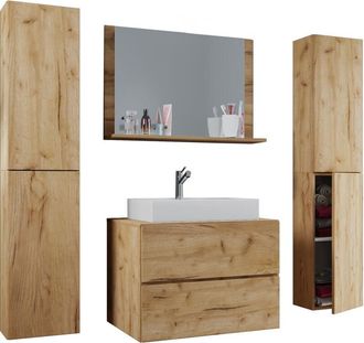 ebuy24 Ebuy24 - vcm 5pcs Lavabo Lavabo gabinete inferior ancho 80 cm Muebles de baño conjunto con cajones puertas giratorias espejo Lendas xl (roble miel)