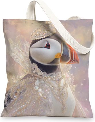 Generic Elegant Bird Canvas Tote Bag, Reusable Grocery Bags, Lightweight Pearl Beaded Design 13x15 Inch