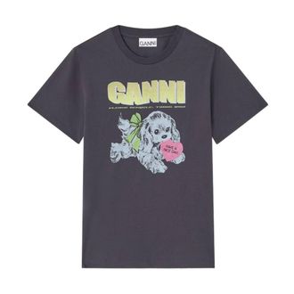 Ganni T-Shirts, female, Black, Size: 2XS Graphic Print Cotton T-Shirt