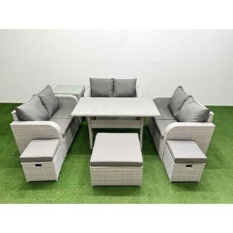 Fimous 9 Seater pe Wicker Rattan Furniture Sofa Sets with Rectangular Dining Table 2 Seater Love Sofa 3 Stool Side Table Light Grey - Fimous