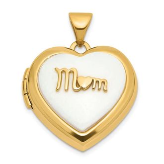 Diamond2Deal 14k Gold Polished White Agate MOM Script 18mm Heart Locket