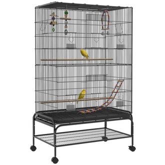 OEM Jaula Para P&aacute;jaros Con Ruedas Comederos Perchas Bandeja Extra&iacute;ble Y Estante Inferior 97x58x160 Cm Negro