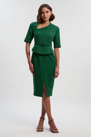 Karen Millen Womens Structured Crepe Forever Asymmetric Neck Belted Pencil Midi Dress - Dark Green - Size 16 UK