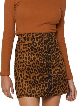 Feoya Womens High Waist Bodycon Skirt Leopard Print Split Mini Skirts A Line Short Faux Suede Skinny Skirt Brown XL