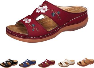 Generic Summer Slippers Women Slip on Sandals for Women UK Womens Orthopedic Shoes Comfy Sliders Summer Flat Leather Sandals Embroidery Flower Low Wedge Open 