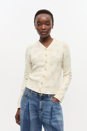Ganni Ivory Printed Wool Mix Cardigan - Size XXS Antique White