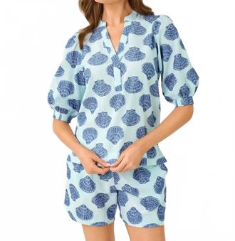 Lilly Pulitzer Mialeigh Elbow Sleeve Top In Day Dream Blue Seashell Jacquard Yarn Dyed Stripe