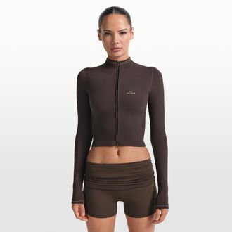 Nike Womens SKIMS Ribbed Seamless Cropped Full-Zip Jacket in Brown | TPLSL11145W-PHR