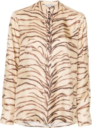 Stella McCartney Tiger Print Zijden Blouse - Dames - Overhemden - Beige - L - Satijn - Overhemden