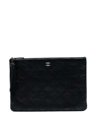 Chanel 2016-2017 Large Quilted Lambskin Double Stitch Tassel O Case clutch bag - Black