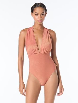 Vince Camuto Plunge Neck One-Piece Swimsuit in Almond at Nordstrom, Size 10