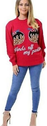 Generic Womens Celebrity Knitted Hands Off My Pudding Two Cupcakes Christmas Jumper, Xmas Ladies Winter Pull Over Long Sleeve Printed Funny Baggy Top Sweatshi