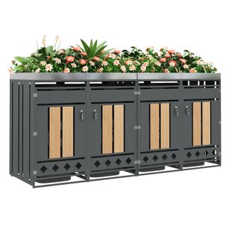 STILVORA Armario Para Cubos De Basura Con Jardinera Integrada Y 4 Compartimentos Con Cerradura En Acero Gris Y Madera