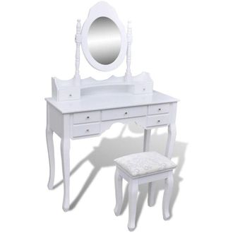 vidaXL Tocador Con Espejo Y Taburete 7 Cajones Blanco Vidaxl 578185