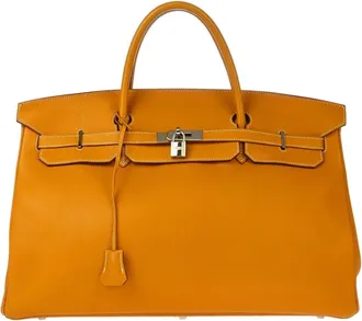 Herm&egrave;s Birkin Orange Fjord With Palladium Hardware Brown Leather Handbag (Pre-Owned)