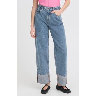 Ichi Foldover Cuff Wide Leg Jeans in Washed Med Blue at Nordstrom, Size 30