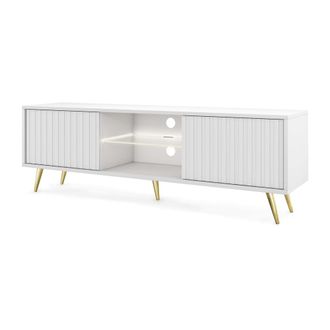 Selsey Selsey - Bello - Mueble Tv - 135 Cm Con Frentes De Listones, Blanco Con Patas Doradas