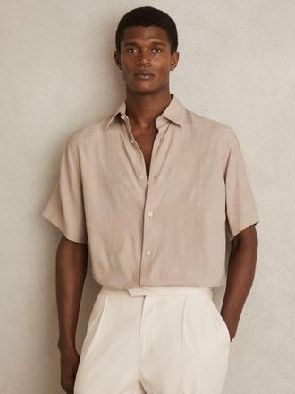 Reiss Oatmeal Floral-jacquard Short-sleeve Shirt, Xxl