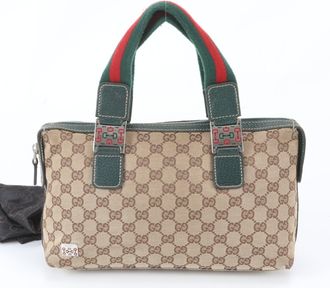 Gucci Beige Green Leather Canvas Handbag Tote Bag (Pre-Owned)