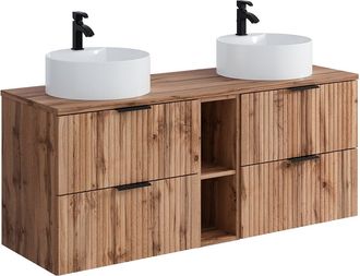 Vente-Unique Mueble de ba&ntilde;o suspendido con estantes y lavabo redondo sobre encimera - Natural claro - L140 cm - ZEVARA