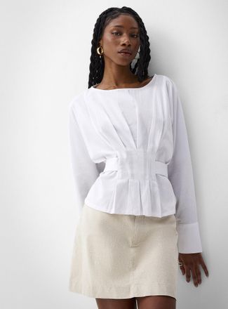 Icone Womens Touch of linen tie ribbons pleated waist blouse