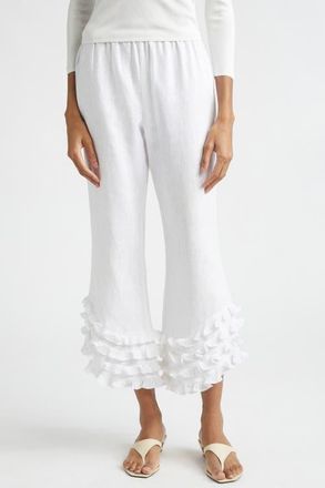 Poss&eacute; Florence Ruffle Detail Crop Linen Pants in Ivory at Nordstrom, Size Xx-Small