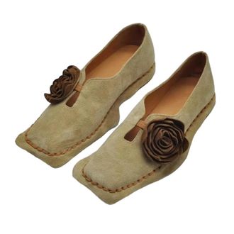 Generic JCVBN Flower Decoration Low Heeled Loafers Women Faux Suede Square Toe Designer Casual Outdoor Lightweight Walking Shoes Apricot