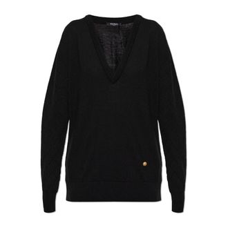 Balmain V-neck Knitwear, female, Black, Size: 2XS Wool V-Neck Sweater