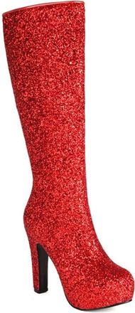Generic Womens Glitter Sparkly Knee High Boots Platform Round Toe Chunky Block Heel Side Zipper Wedding Party Shoes (Red,7.5)